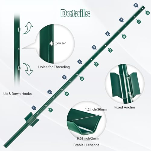 Metal Fence Posts - 10 Pack, 4.8 FT Green Heavy Duty U Posts - color: Green, size: 4.8FT-10Pack