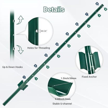 Metal Fence Posts - 10 Pack, 4.8 FT Green Heavy Duty U Posts - color: Green, size: 4.8FT-10Pack