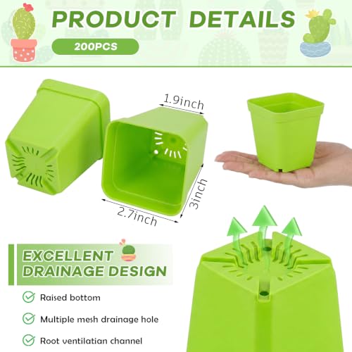 Yaomiao 200 Pack 3 Inch Green Nursery Pot Square Flower Pots Plastic Plant Succulent Planter Seed Starting Pots with Drainage Holes for Garden Office Balcony Decor Indoor Outdoor Plant Seedling - color: Green