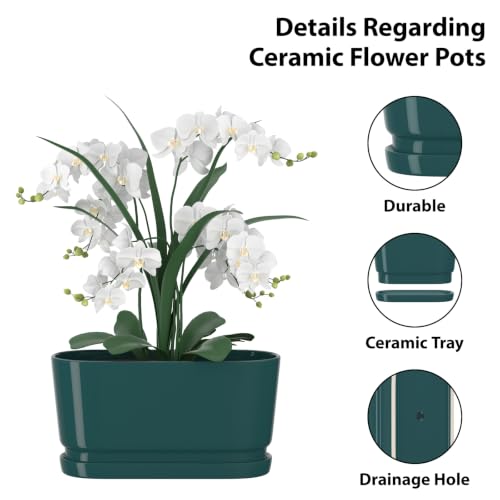 13" Rectangular Ceramic Planter with Drainage and Saucer, Green - color: Green, size: Large