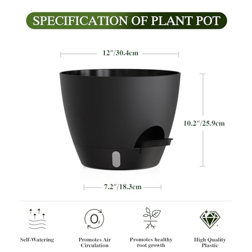 Plant Pots, 1 Pack 12 Inch Self Watering Pots with Drainage Holes, Water Level Indicator Deep Reservoir, Large Planters for Indoor Outdoor Plants - Black - color: Black, size: 12 in 1pcs