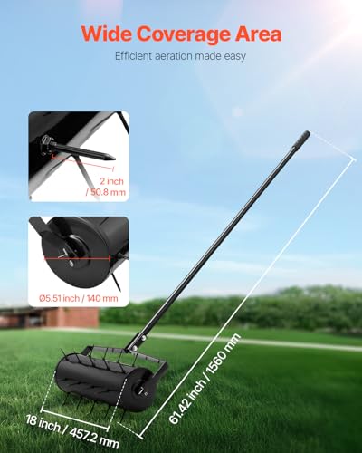 VEVOR Rolling Lawn Aerator, 18-inch Heavy-Duty Manual Rolling Aerator Lawn with Detachable Handle and 27 Iron Spikes, Rolling Lawn Aeration Tool for Garden Patio Yard Compacted Soils and Lawns, Black - size: 18-inch, style: Rolling