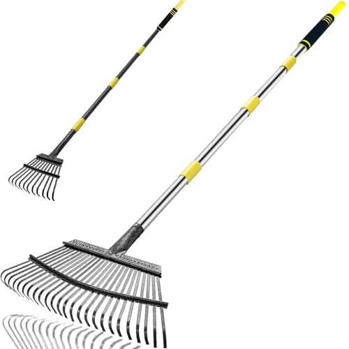 6FT Heavy Duty Garden Rake - 25 Metal Tines, 18.5" Wide Adjustable Steel Handle for Leaves/Lawns/Yards