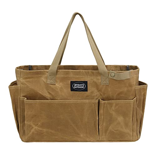 Portable Garden Camping Tool Storage Bag,Waxed Canvas Firewood Carrier Tote bag,Collapsible Sturdy Garden Basket Great for Women, Gardener, Electrician, Repairer (Khaki) - color: Khaki