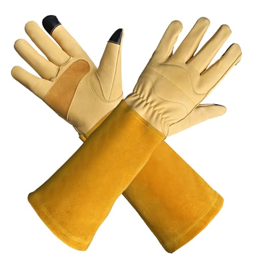 Thorn Proof Gardening Gloves for Women & Men,Long Cuff Rose Pruning,With Leather Palm,Gauntlet for Bush Trimming - color: Yellow, size: Small