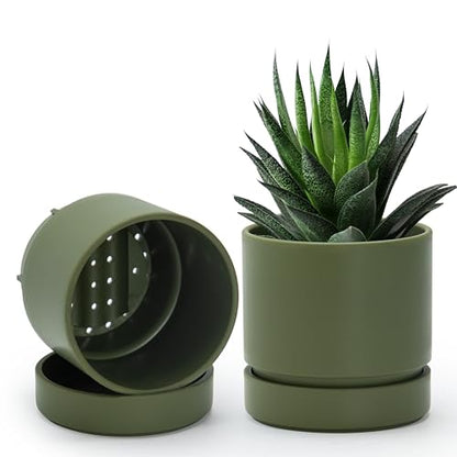 Phoenix Vine 4 Inch Planter Pot with Drainage Hole & Saucer, Deep Water Catch Tray, Straight Cylindrical Round Pot for Plants, Olive, Pack of 2, 23-D-R-2 - color: Olive, size: 4" (2 Pack)