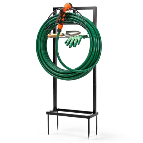 Garden Hose Holder with Storage Basket, Heavy Duty Freestanding Water Hose Stand with 4 Ground Spikes, Garden Hose Holder, Water Hose Stand, Hose Rack, Storage Basket, Outdoor Organizer - Black