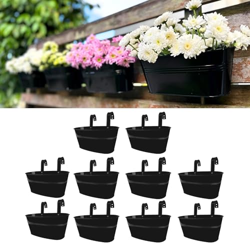LaLaGreen Rail Planter (9.8 in, 10 Pack) Black Metal Porch Fence Pots - size: 9.8" (25 cm) x 10 Pack