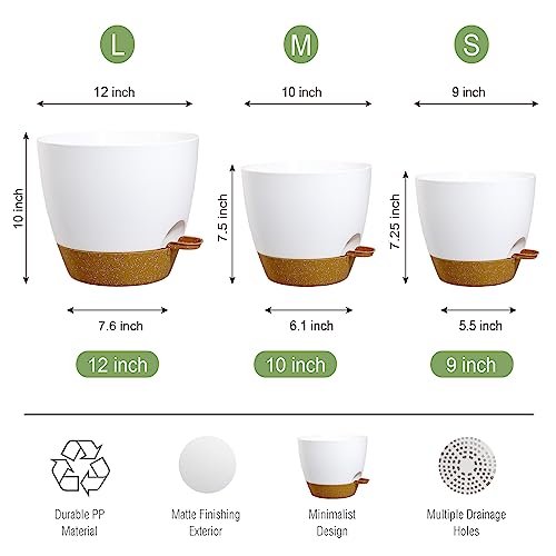 UOUZ Large Self Watering Pots, 12/10/9 Plastic Planters with High Drainage Holes and Deep Reservoir for Indoor Outdoor Garden Plants and Flowers, White with Brown - color: White With Brown