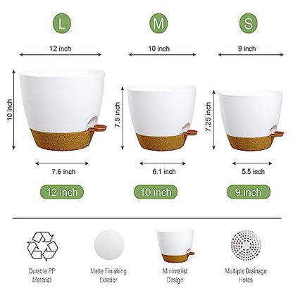 UOUZ Large Self Watering Pots, 12/10/9 Plastic Planters with High Drainage Holes and Deep Reservoir for Indoor Outdoor Garden Plants and Flowers, White with Brown - color: White With Brown