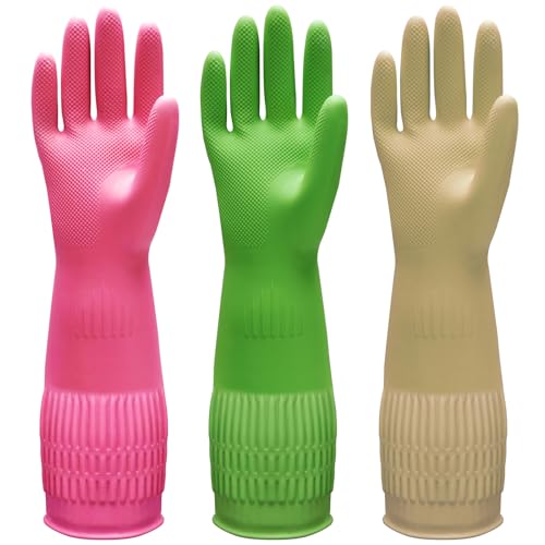 Bamllum 3 Pairs of Rubber Dishwashing Gloves for Kitchen and Household Cleaning – Long Cuff 15", Reusable, Flexible Long-lasting and Non-Slip (Red+Yellow+Green, Medium) - size: M(Best for Small Hands)
