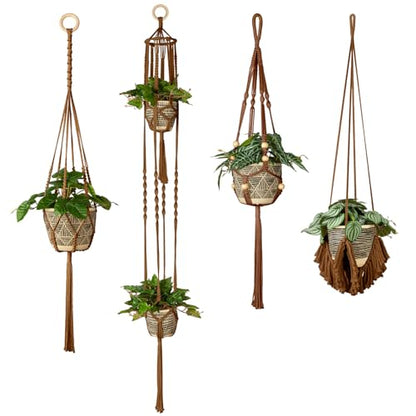 Macrame Plant Hanger Indoor Set of 4, Bohemian Hanging Planter with Tassels - color: Dark Brown