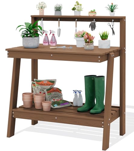 SERWALL 3-Tier Outdoor Potting Bench with Storage,Gardening Table,Brown - color: Brown, size: Sleek