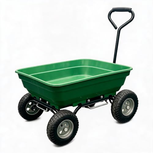 Garden Cart Trolley Heavy Duty 4 Wheel Utility Wagon, Iron and Plastic Dump Cart with Padded Handle for Lawn Yard Outdoor, Green Gardening Tool Carrier for Moving Plants Soil Mulch, 150kg Capacity