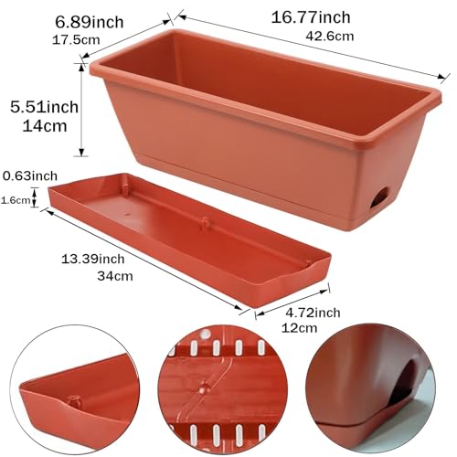7 Pack Window Box Planter, 17 Inches Plastic Flower Vegetable Planters Boxes with Drainage Holes and Trays Rectangular Flower Pots for Indoor Outdoor Garden, Patio, Home Decor (7, Brick RED)