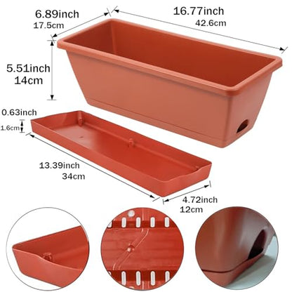 7 Pack Window Box Planter, 17 Inches Plastic Flower Vegetable Planters Boxes with Drainage Holes and Trays Rectangular Flower Pots for Indoor Outdoor Garden, Patio, Home Decor (7, Brick RED)