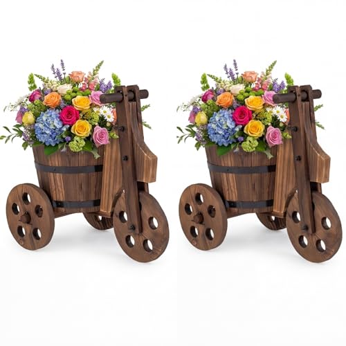 GIANTEX Wooden Wagon Planter with Wheels, Rustic Wood Plant Stand with 3 Wheels & Drainage Hole for Flowers Herbs Vegetables, Indoor Outdoor Decorative Garden Flower Cart for Patio Backyard (2) - style: Solid Wheel