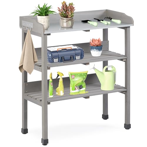 Outdoor Wooden Potting Bench Table, Garden Wood Workstation Planting Table with Metal Top, Storage Shelf, and 3 Hooks for Gardening, Grey - color: Gray
