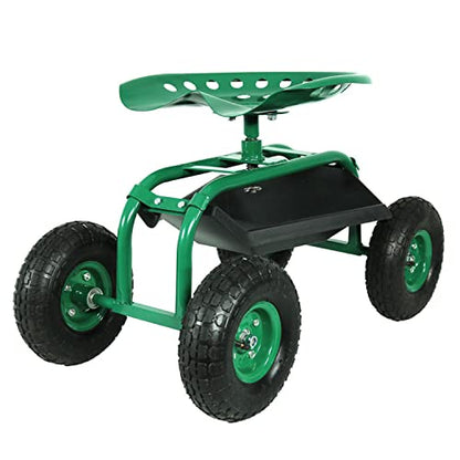 Sunnydaze Rolling Garden Cart with Swivel Seat and Storage, Green - color: Green