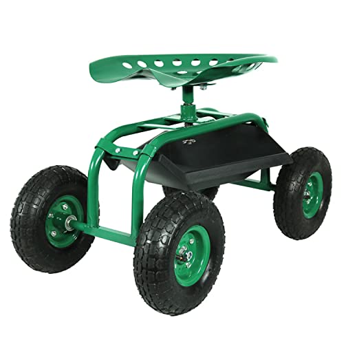Sunnydaze Rolling Garden Cart with Swivel Seat and Storage, Green - color: Green