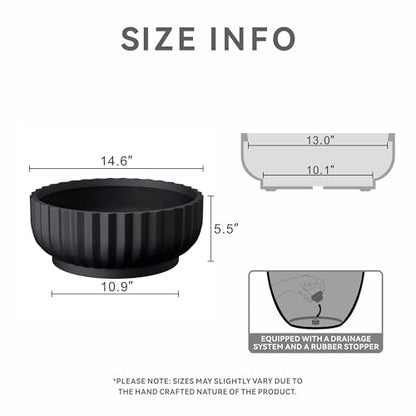 Kante Accent Round Shallow Black Concrete Planter 14.6" Dia, Outdoor - color: Black, size: 14.6"w x 5.5"h