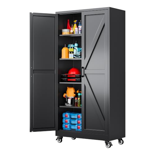 Wide & Deep Metal Storage Cabinet with Wheels,72 inch Tall Rolling Garage Storage Cabinet,Black Metal Cabinets with Wheels and Shelves, Deep Heavy Duty Tool Cabinet for Garage,Home,Office,Shop - color: Black, size: 72"H