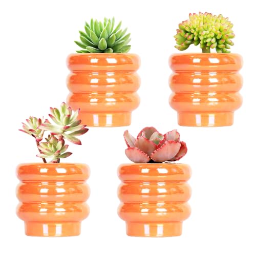 4 Inch Ceramic Succulent Pots, Small Plant Pots with Drainage - color: Orange, size: 4 Inch (Set of 4)