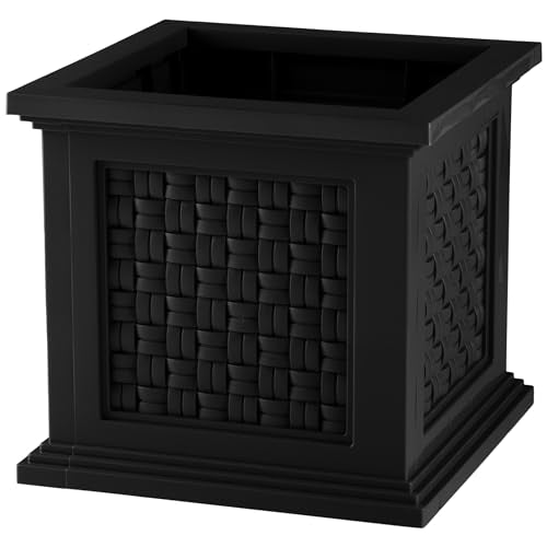 Rattan Style Outdoor Planter Box - 14.65-Inch-Square Decorative Flower or Plant Pot - Garden, Patio and Front Porch Decor by Pure Garden (Black) - color: Black