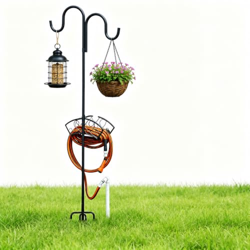 Garden Hose Holder, Freestanding Hose Stand for Outside, 150FT Hose Storage Organizer with 5-Prong Base and Shepherd Hooks for Garden Yard Patio