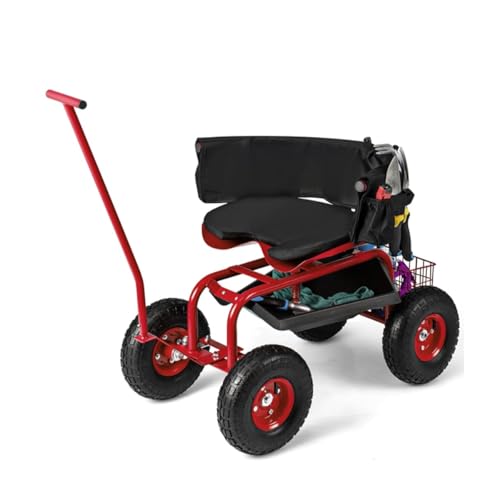 ERGOMASTER Garden Seat with Wheels, Outdoor Gardening Wagon Scooter, 2 Steering Handles, 360° Swivel Workseat & Tool Storage, Use for Patio, Yard, Lawn, Red - color: Red