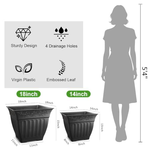 4-Pack 14 Inch Large Square Planters, Embossed Leaf Pattern, Black - color: Black, size: 4P-14 INCH