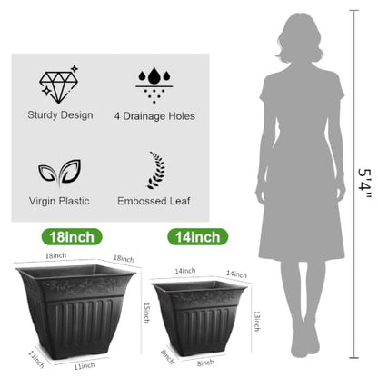 4-Pack 14 Inch Large Square Planters, Embossed Leaf Pattern, Black - color: Black, size: 4P-14 INCH