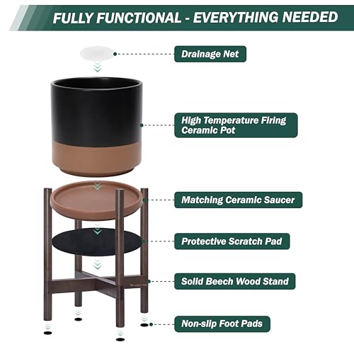 D'vine Dev Ceramic Pot with Walnut Wood Stand, Black/Tan, 8 in, 55-B-Y-7 - color: Black/Speckled Tan Pot + Walnut Color Stand, size: 8 Inch