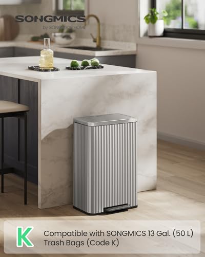 SONGMICS Trash Can, 13 Gallon (50 L), Stainless Steel, with Lid, Pedal - color: Metallic Silver, size: 13 Gallon