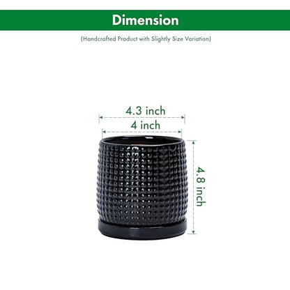 D'vine Dev Beaded Ceramic Pot with Saucer, 4 in, Glossy Black, 27-C-Z-2 - color: Glossy Black, size: 4.3 Inch