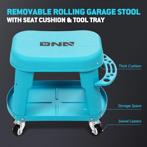 DNA Motoring Removable Rolling Garage Stool with Seat Cushion & Tool Tray Plate, 300lbs Max Weight Capacity, Blue, TOOLS-00479 - color: Blue