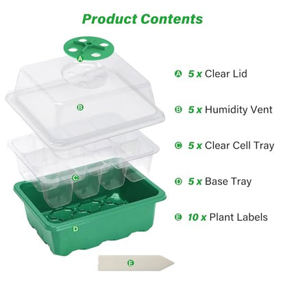 Bonviee 5-Pack Seed Starter Trays, Humidity Dome, Base, 12-Cell Tray, Green - color: Green, size: 5 Packs (60 Cells)