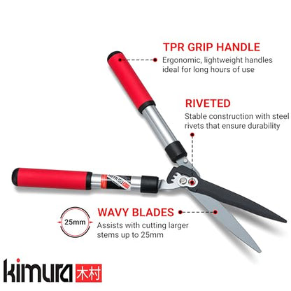 Kimura® Pro Heavy Duty Hedge Shears - Premium Garden Clippers with Patented Gearing Technology, Ultra Lightweight Aluminium Handles, Japanese SK5 Steel Blades, Ideal Shears for Gardening - 22" Trimmer - size: 22"