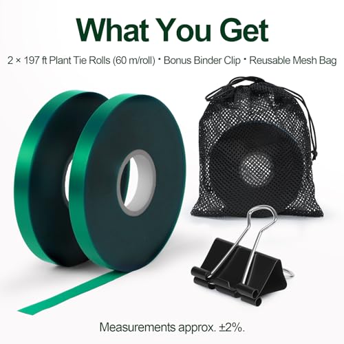 Plant Tie Tape – 2 Rolls (394 ft Total), 0.5" Wide, Non-Adhesive Stretch PVC Garden Ties for Tomato, Vine, Rose & Tree Support, Reusable & Weather-Resistant, Includes Mesh Bag & Binder Clip - size: 394 ft