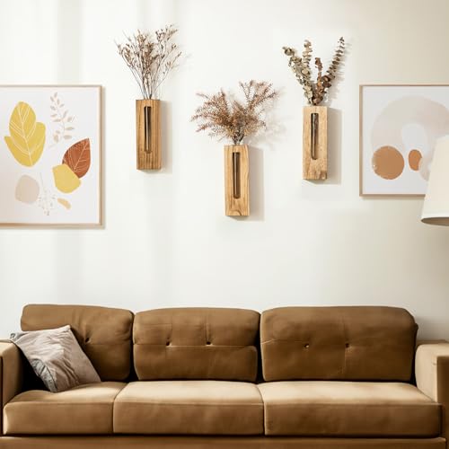 Wood Wall Vase with Glass Tube for Plant Propagation - color: Natural