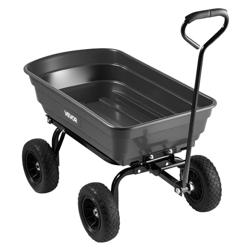 VEVOR 4 Cu.Ft 600LBS Poly Garden Cart Dump Wagon, 4 Wheel Heavy Duty Wheelbarrow with 10" Flat Free Tires, Yard Cart Dump Wagon with Quick-Release System - color: Darkgrey