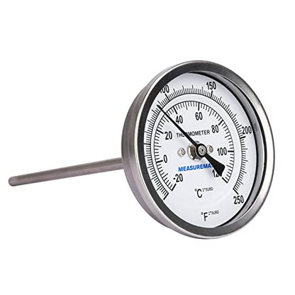 MEASUREMAN Fully Stainless Steel Pot, Kettle, Brewing Bimetal Dial Thermometer, 3" Dial, 6" Stem, 0-250 deg F/-20-120 deg C, -1% Accuracy, Adjustable, 1/2" NPT Back Mount - size: 3" Dial, 6" Stem, 0-250 deg F/-20-120 deg C, style: 6" Stem