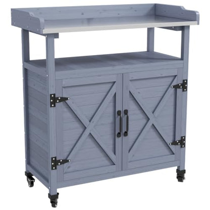 Outdoor Wooden Storage Bench with Storage Cabinet and Aluminum Table Top for Garden, Backyard, Wooden Potting Bench with Rubber Wheels for Lawn, Living Room, Balcony
