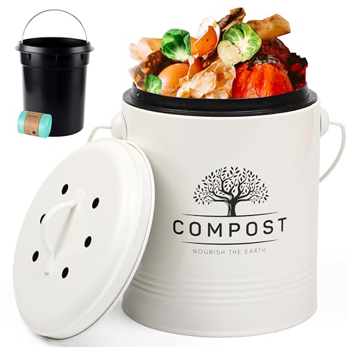 Perfnique Kitchen Compost Bin, 1.3 Gallon Countertop Compost Bin with Lid, Indoor Compost Bucket Includes Inner Bucket Liner and Carbon Filter, Small Compost Bin with Trash Bags (with Bags, Cream) - color: cream, style: with bags