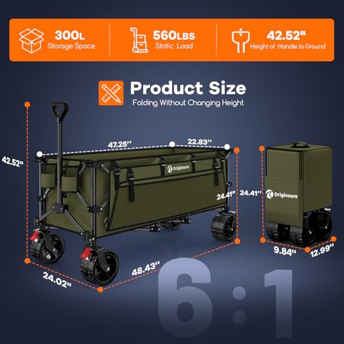 Originsure 300L Beach Wagons Carts Foldable with Big Wheels, 560lbs, Green - color: Green