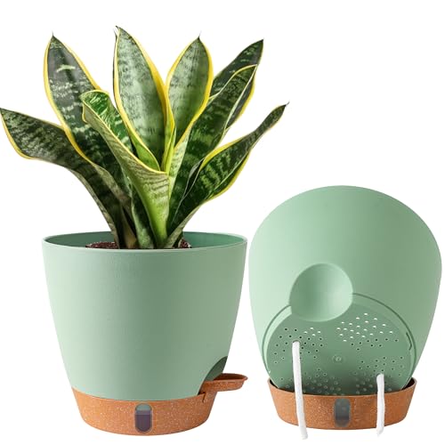 2 Pack 8 Inch Pots for Plants Indoor, Plastic Self Watering Planters - color: Green, size: 8 inch