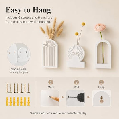 TBWIND White Wooden Wall Vases Set of 3, Wall Planters with Glass Tube Kit - color: White