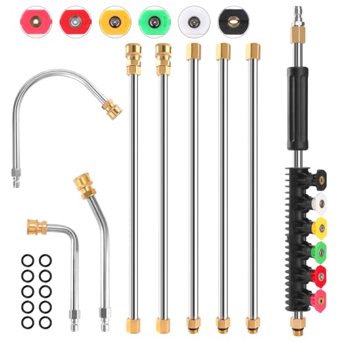 Gutter Cleaning Tools From the Ground, 9 Pack 8 FT Pressure Washer Extension Wand, Power Washer Lance With 6 Pressure Washer Spray Nozzle Tips, 30°, 90°, 120° Gutter Cleaner Curved Rod, 4000 PSI