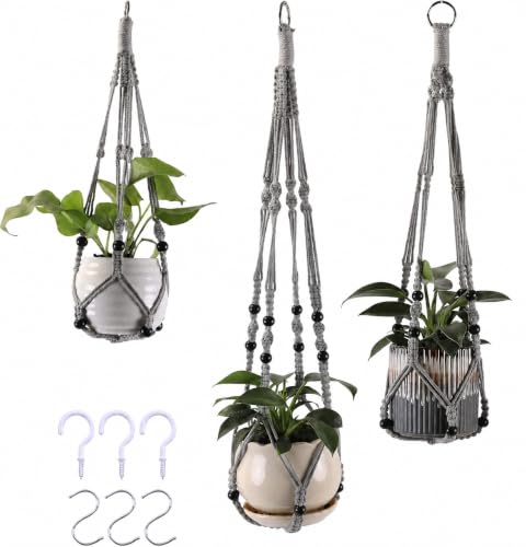 Macrame Plant Hangers with Beads for Indoor and Outdoor, 3 Pack - color: Gray