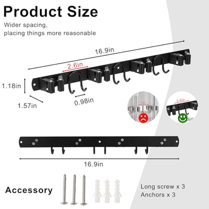 Broom Holder Wall Mount, Stainless Steel Mop Hanger with 4 Slots 6 Hooks, Tool Storage Wall Organizer for Kitchen Garden Garage Laundry Room Bathroom and RV, Black 1-Pack - color: Black-1 Pack